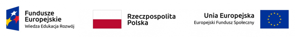 Logo projektu przedstawiające logo Funduszy Europejskich Wiedza Edukacja i Rozwój, logo Rzeczypospolitej Polskiej oraz logo Unii Europejskiej Europejskiego Funduszu Społecznego.